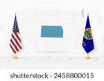 Map of Kansas and flags of Kansas on flag stand. Vector illustration for diplomacy meeting.