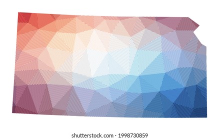 Map of Kansas. Low poly illustration of the US state. Geometric design with stripes. Technology, internet, network concept. Vector illustration.