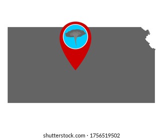 Map of Kansas and pin with tornado warning