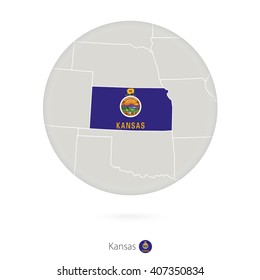 Map of Kansas State and flag in a circle. Kansas US State map contour with flag. Vector Illustration.