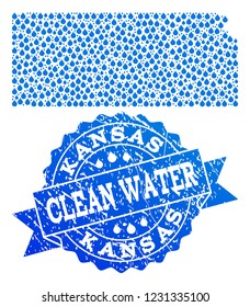 Map of Kansas State vector mosaic and clean water grunge stamp. Map of Kansas State designed with blue water dews. Seal with grunge rubber texture for clean drinking water.