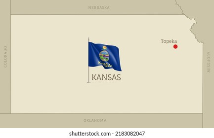 Map of Kansas USA federal state with waving flag. Highly detailed editable map of Kansas state with territory borders and Topeka capital city realistic vector illustration