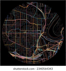 Map of KansasCity, Kansas with all major and minor roads, railways and waterways. Colorful line art on black background.