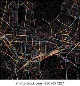 Map of Karlsruhe, Baden-Wuerttemberg with all major and minor roads, railways and waterways. Colorful line art on black background.