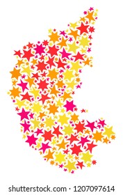 Map of Karnataka State composed with colored flat stars. Vector colored geographic abstraction of map of Karnataka State with red, yellow, orange stars. Festive collage design for Xmas illustrations.