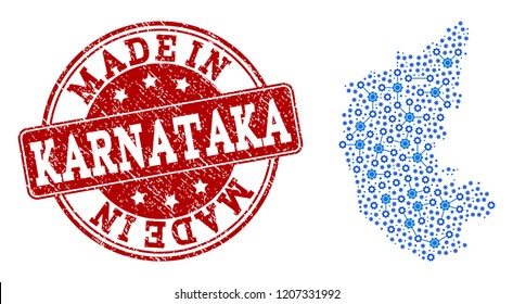 Map of Karnataka State vector mosaic and Made In grunge stamp. Map of Karnataka State designed with blue cog connections. Made in red seal with grunge rubber texture.