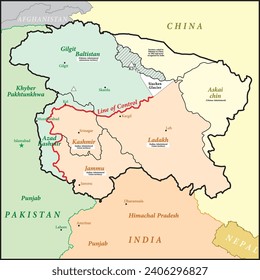 Map of Kashmir is a geographical region of the Indian subcontinent - Political Map of Kashmir with borders - outline 