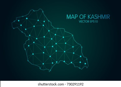 Map of Kashmir - With glowing point and lines scales on the dark gradient background, 3D mesh polygonal network connections.Vector illustration eps 10.