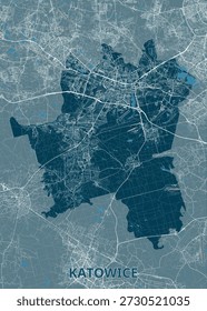 Map of Katowice, Poland. The city's outline is filled with a dense network of streets and roads, rendered in white against a dark blue background.
