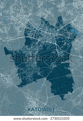 Map of Katowice, Poland. The city's outline is filled with a dense network of streets and roads, rendered in white against a dark blue background.