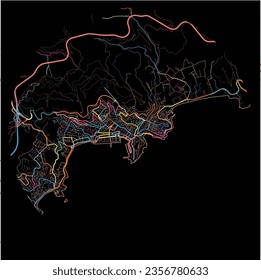 Map of Kavala, Eastern Macedonia and Thrace with all major and minor roads, railways and waterways. Colorful line art on black background.