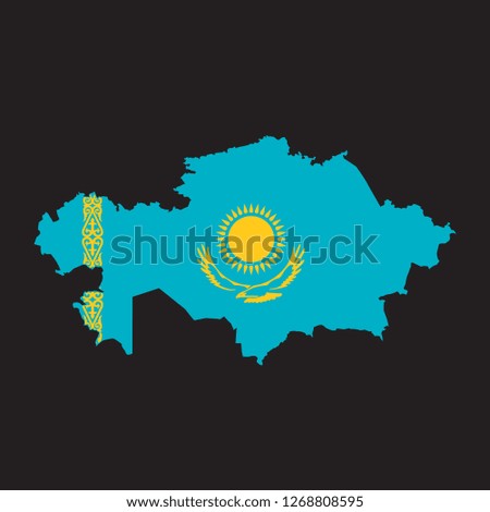Map of Kazachstan with an official flag. Illustration on black background