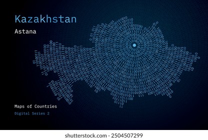 A map of Kazakhstan depicted in zeros and ones in the form of a circle. The capital, Astana, is shown in the center of the circle	
