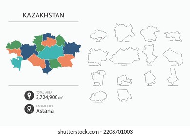 Map of Kazakhstan with detailed country map. Map elements of cities, total areas and capital.