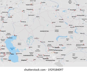 Map of Kazakhstan. Map is drawn in high detail and for clarity shows only major cities. Country is drawn with neighboring countries.