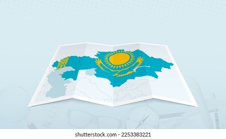 Map of Kazakhstan with the flag of Kazakhstan in the contour of the map on a trip abstract backdrop. Travel illustration.