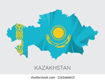 Map Of Kazakhstan With Flag As Texture Isolated On Grey Background. Vector Illustration