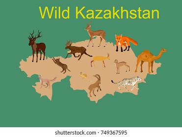 Map of kazakhstan with local animals, vector illustration