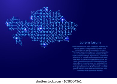 Map Kazakhstan from printed board, chip and radio component with blue star space on the contour for banner, poster, greeting card, of vector illustration.