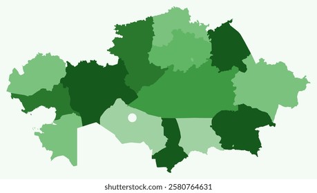 Map of Kazakhstan with regions. Just a simple country border map with region division. Green color palette. Flat Republic of Kazakhstan shape with administrative division. Vector illustration.