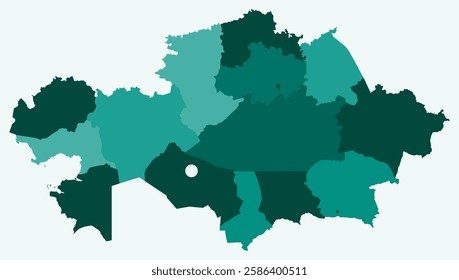 Map of Kazakhstan with regions. Just a simple country border map with region division. Teal color palette. Blank Republic of Kazakhstan shape with administrative division. Vector illustration.