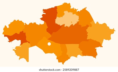 Map of Kazakhstan with regions. Just a simple country border map with region division. Orange color palette. Blank Republic of Kazakhstan shape with administrative division. Vector illustration.