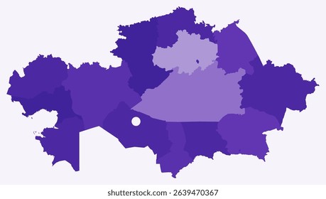 Map of Kazakhstan with regions. Just a simple country border map with region division. Deep purple color palette. Flat Republic of Kazakhstan shape with administrative division. Vector illustration.