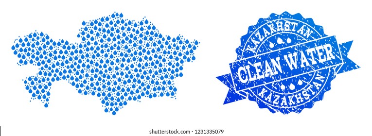 Map of Kazakhstan vector mosaic and clean water grunge stamp. Map of Kazakhstan created with blue liquid dews. Seal with grunge rubber texture for clean drinking water.