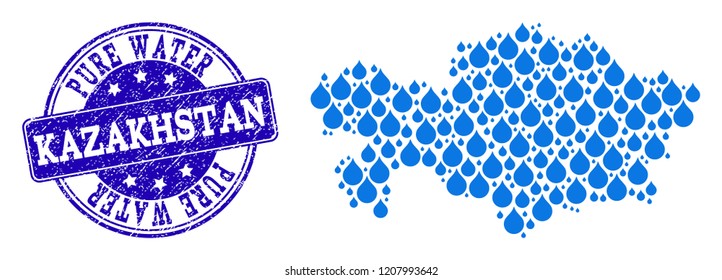 Map of Kazakhstan vector mosaic and Pure Water grunge stamp. Map of Kazakhstan formed with blue water tears. Seal with grunge rubber texture for pure drinking water.