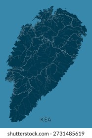 Karte von Kea Island, in Blautönen dargestellt. Die Topographie der Insel ist für das Land dunkelblau und für Flüsse oder Bäche hellblaue Linien markiert.
