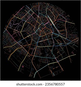 Map of Kecskemet, Bács-Kiskun with all major and minor roads, railways and waterways. Colorful line art on black background.