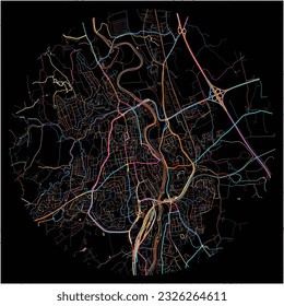 Map of KemptenAllgau, Bavaria with all major and minor roads, railways and waterways. Colorful line art on black background.