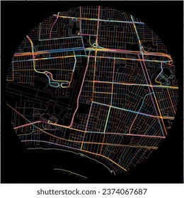 Map of Kenner, Louisiana with all major and minor roads, railways and waterways. Colorful line art on black background.