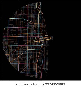 Map of Kenosha, Wisconsin with all major and minor roads, railways and waterways. Colorful line art on black background.