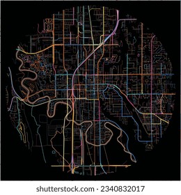 Map of Kent, Washington with all major and minor roads, railways and waterways. Colorful line art on black background.