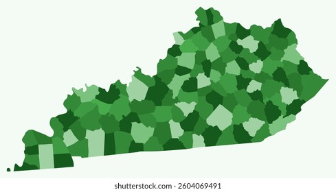 Map of Kentucky with counties. Just a simple state border map with county division. Green color palette. Blank Commonwealth of Kentucky shape with administrative division. Vector illustration.