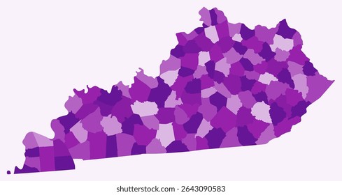 Map of Kentucky with counties. Just a simple state border map with county division. Purple color palette. Blank Commonwealth of Kentucky shape with administrative division. Vector illustration.