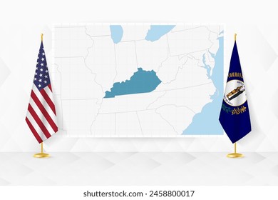 Map of Kentucky and flags of Kentucky on flag stand. Vector illustration for diplomacy meeting.