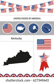 Map of Kentucky. Set of flat design icons nfographics elements with American symbols.
