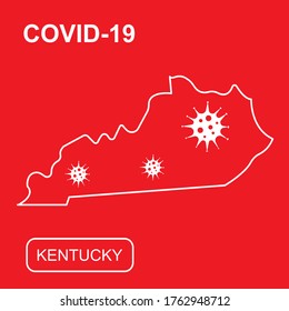 Map of Kentucky State labeled "COVID-19". White outline map on a red background. Vector illustration of a virus, coronavirus, epidemiology.