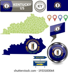 Map of Kentucky state, US with flag and counties. Vector image