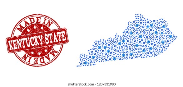 Map of Kentucky State vector mosaic and Made In grunge stamp. Map of Kentucky State designed with blue engine relations. Made in red seal with grunge rubber texture.