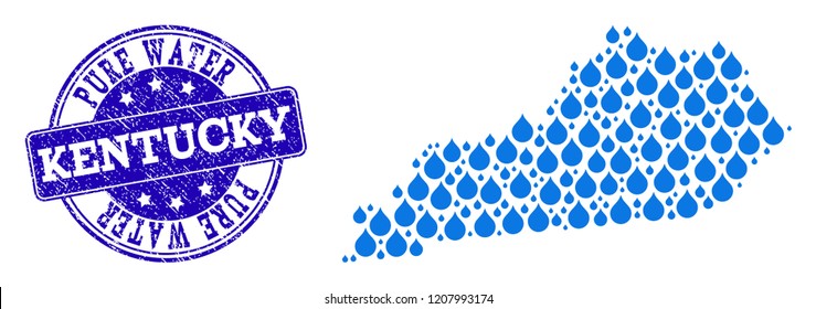 Map of Kentucky State vector mosaic and Pure Water grunge stamp. Map of Kentucky State composed with blue water drops. Seal with scratched rubber texture for pure drinking water.