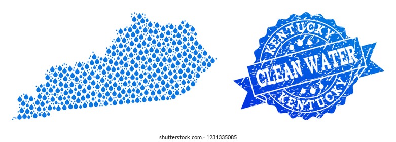 Map of Kentucky State vector mosaic and clean water grunge stamp. Map of Kentucky State formed with blue water tears. Seal with corroded rubber texture for clean drinking water.