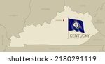 Map of Kentucky USA federal state with waving flag. Highly detailed editable map of Kentucky state with territory borders and Frankfort , capital city realistic vector illustration