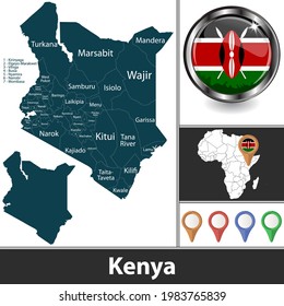 Map of Kenya with counties and location on African map. Vector image