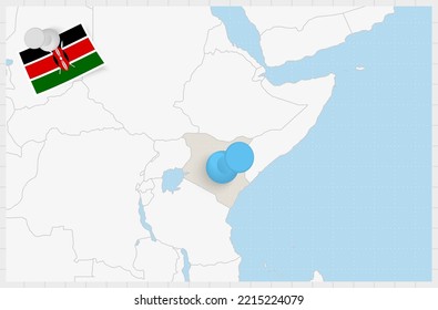Map of Kenya with a pinned blue pin. Pinned flag of Kenya, vector illustration.