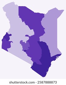 Map of Kenya with regions. Just a simple country border map with region division. Deep purple color palette. Flat Republic of Kenya shape with administrative division. Vector illustration.