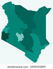 Map of Kenya with regions. Just a simple country border map with region division. Teal color palette. Plain Republic of Kenya shape with administrative division. Vector illustration.