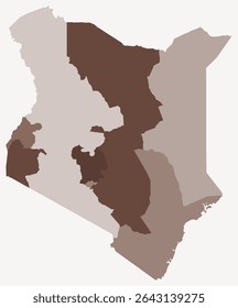 Mapa do Quênia com regiões. Apenas um simples mapa de fronteira de país com divisão de região. Paleta de cores marrom. República Vazia do Quênia forma com divisão administrativa. Ilustração vetorial.